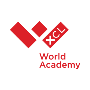 XCL World Academy logo red w looking like a child with text xcl in right. Words: World academy bottom right
