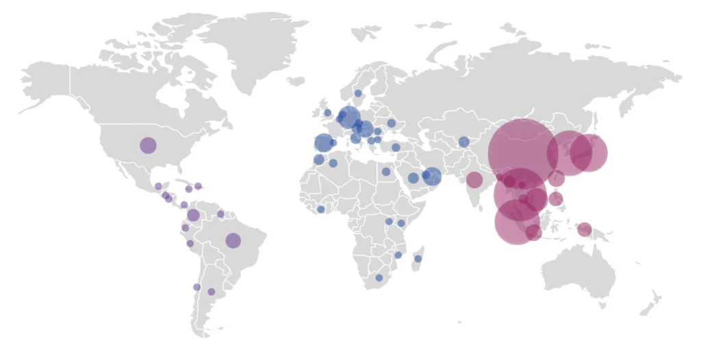 A bubble map of the world showing where members are located. The main areas are China and Southeast Asia.