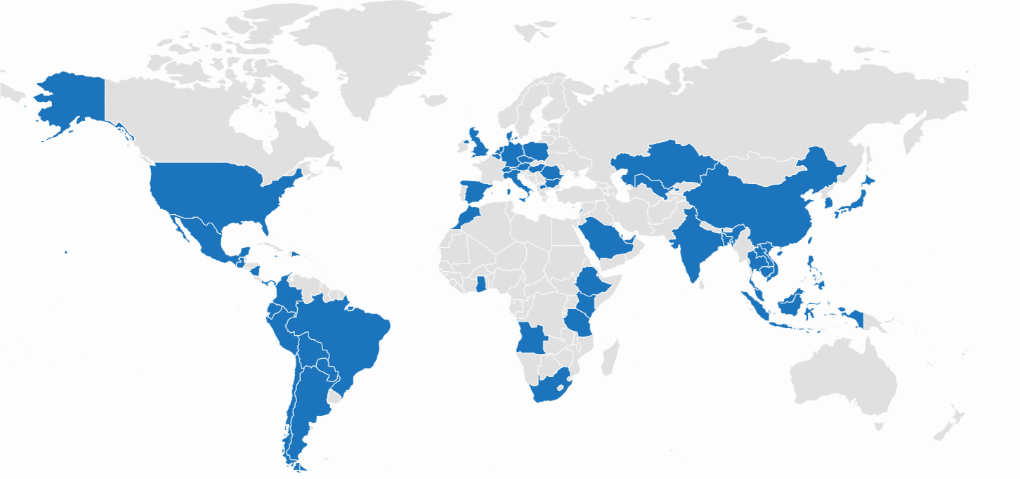 World map highlighting countries that have member schools.